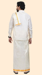 Art Silk Cream Dhoti with Angavastram | Double Layer | 1 1/2" Gold Jari Border