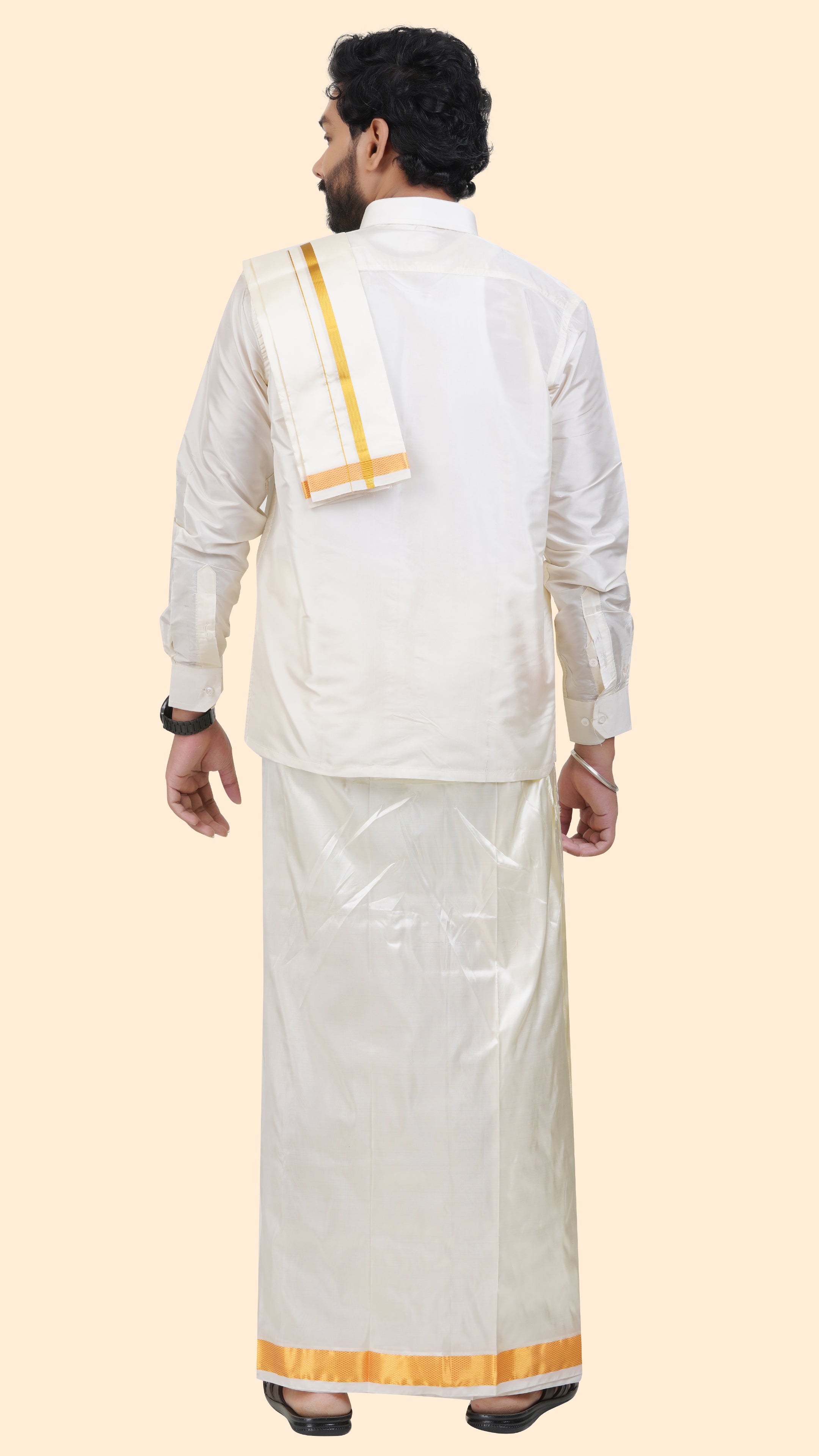 Art Silk Cream Dhoti with Angavastram | Double Layer | 1 1/2" Gold Jari Border