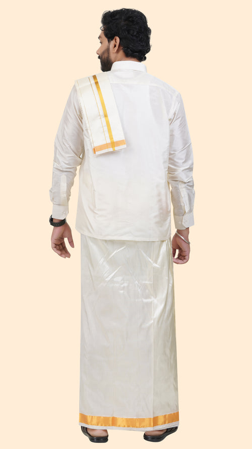 Art Silk Cream Dhoti with Angavastram | Double Layer | 1 1/2" Gold Jari Border
