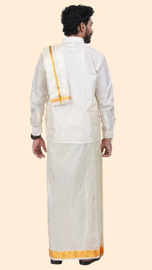 Art Silk Cream Dhoti with Angavastram | Double Layer | 2" Gold Jari Border