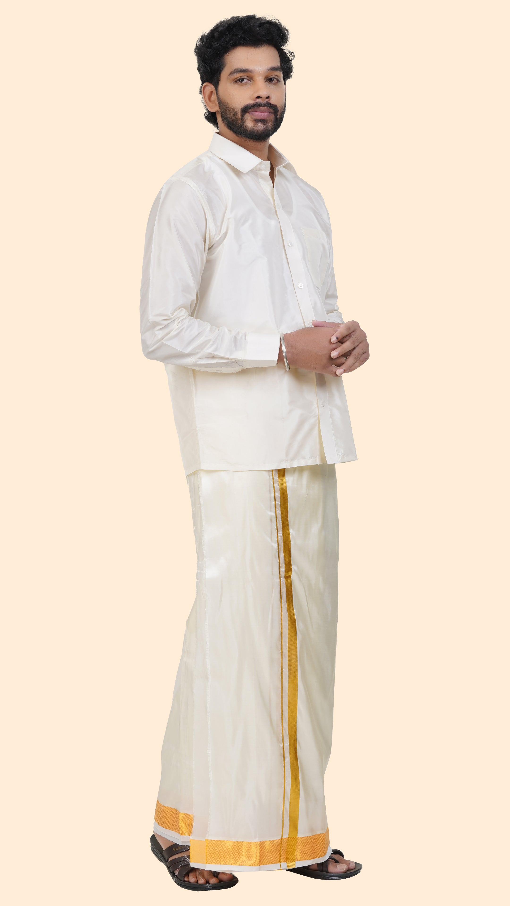 Art Silk Special Cream Dhoti | Double Layer | 2" Gold Jari Border