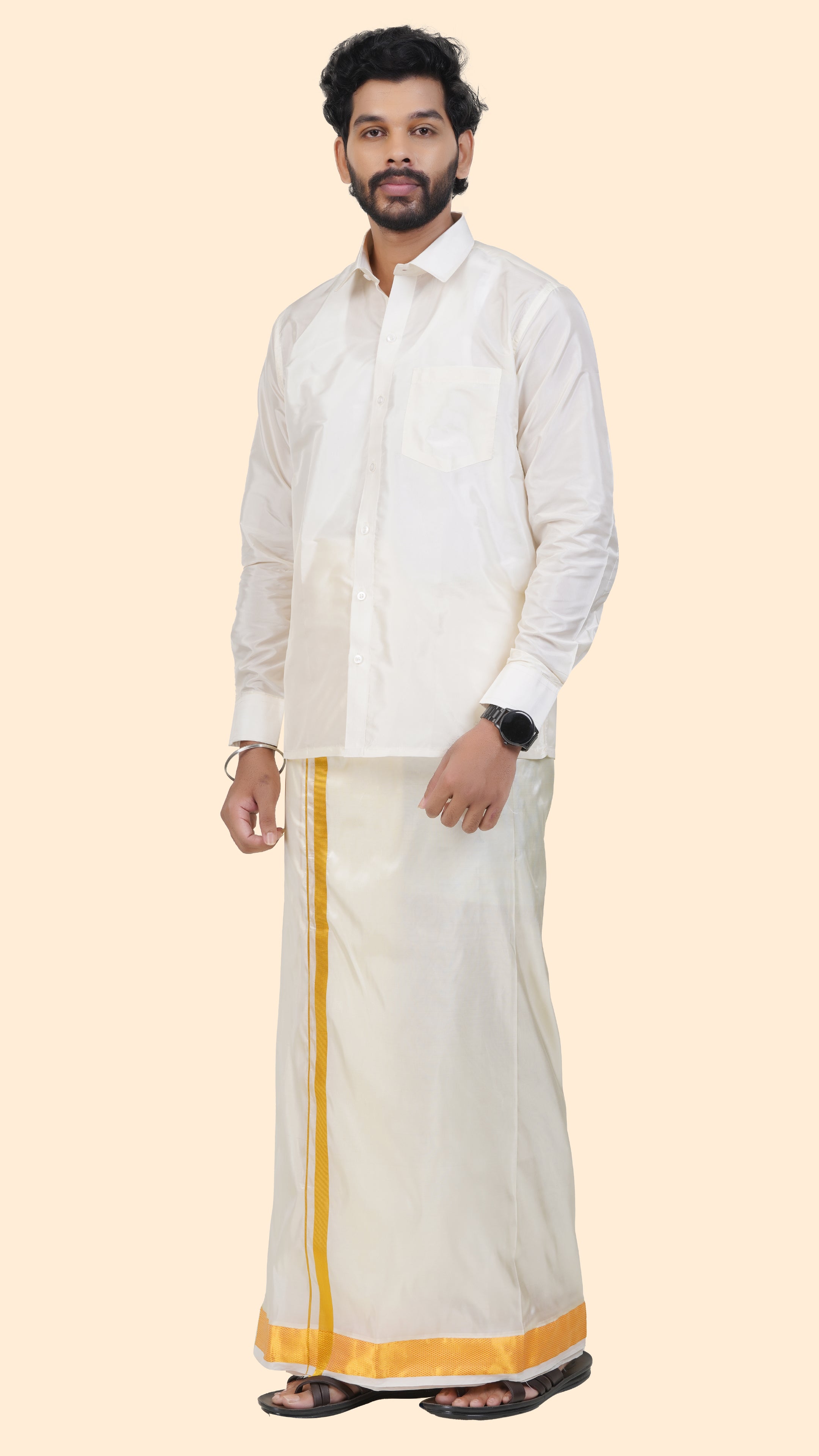 Art Silk Special Cream Dhoti | Double Layer | 2" Gold Jari Border
