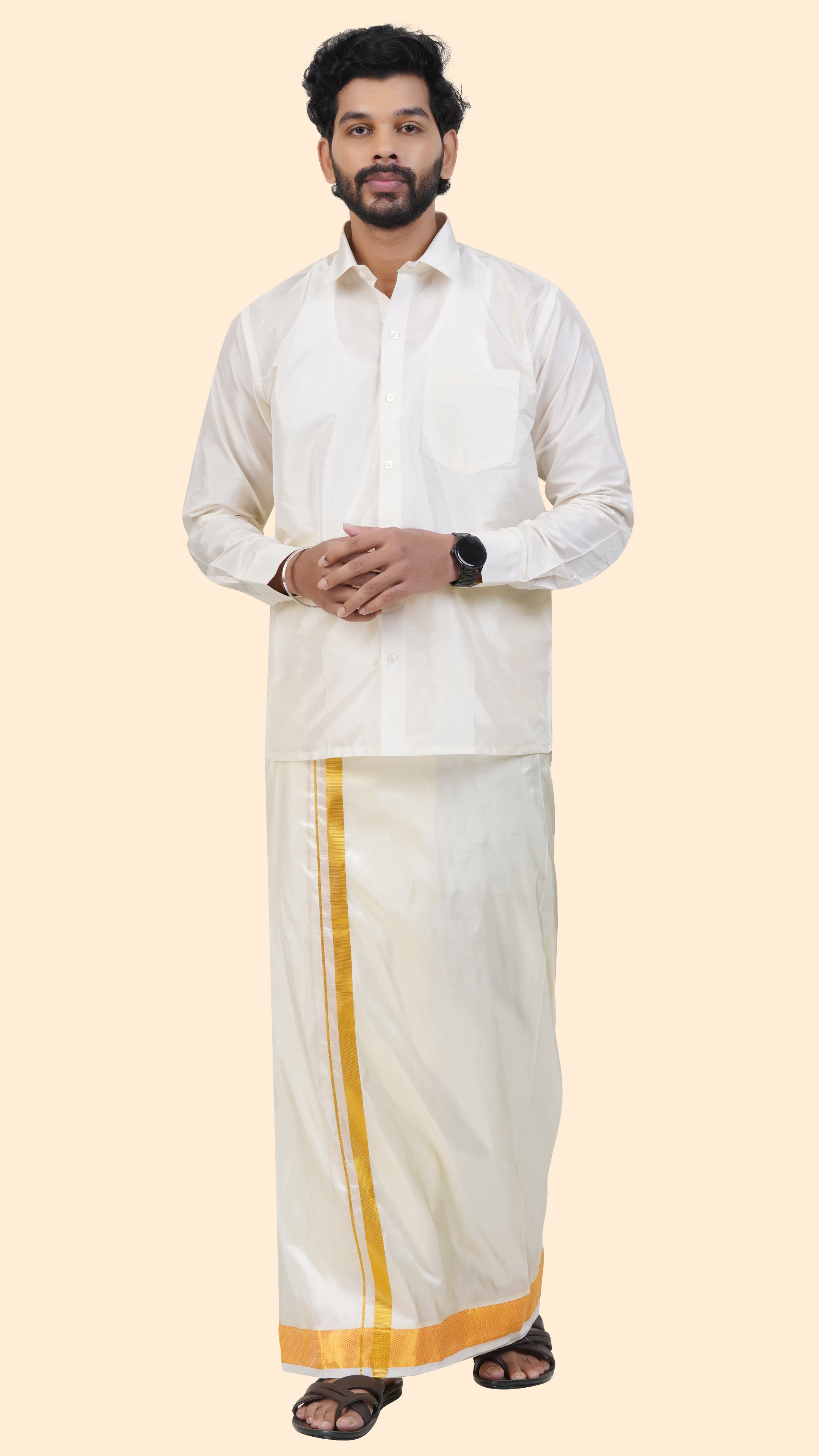Art Silk Special Cream Dhoti | Double Layer | 2" Gold Jari Border