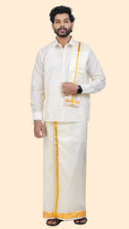 Art Silk Cream Dhoti with Angavastram | Double Layer | 2" Gold Jari Border