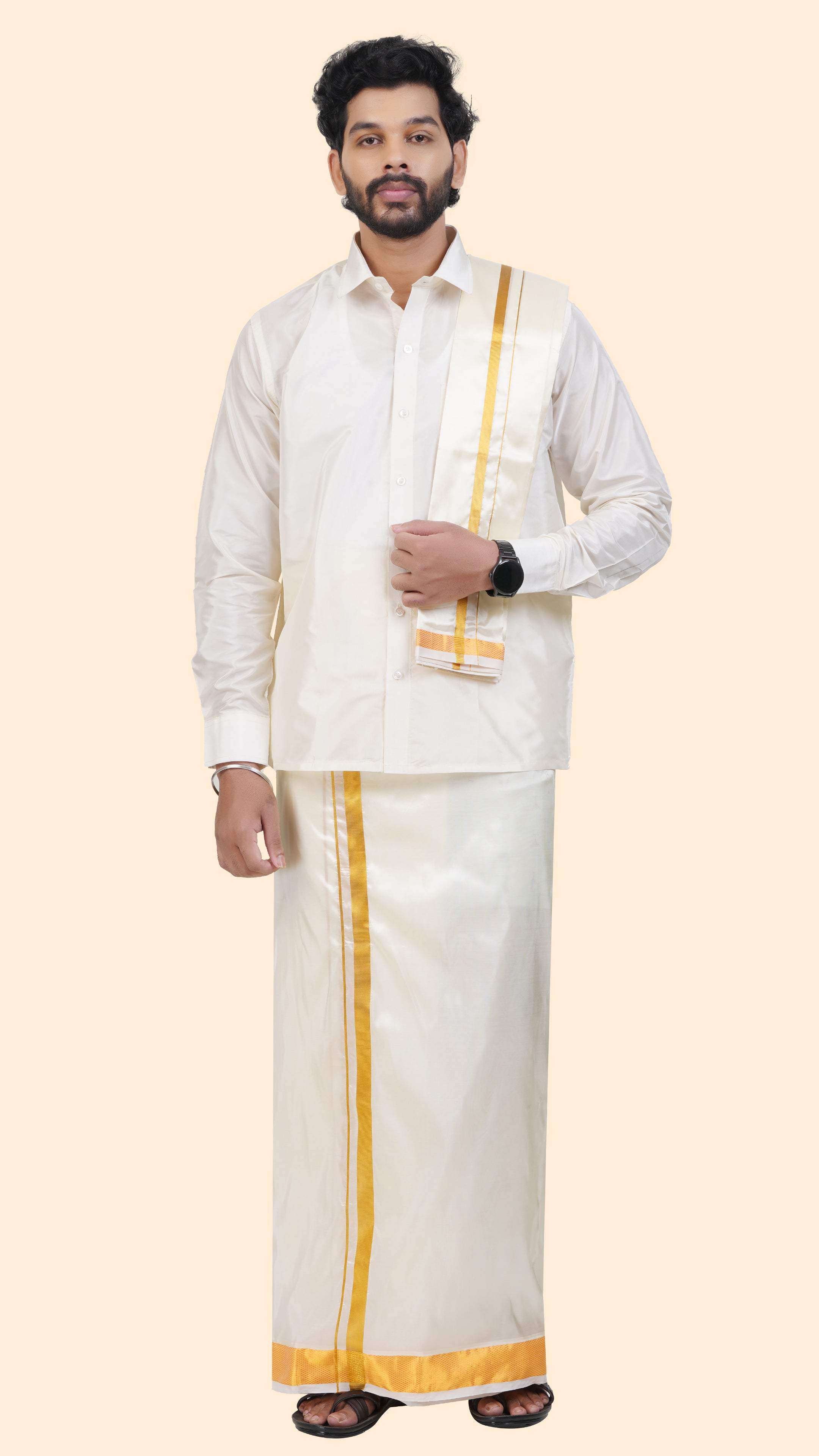 Art Silk Cream Dhoti with Angavastram | Double Layer | 2" Gold Jari Border