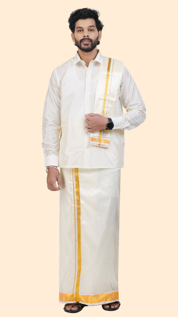Art Silk Cream Dhoti with Angavastram | Double Layer | 2" Gold Jari Border