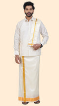 Art Silk Cream Dhoti with Angavastram | Double Layer | 2 1/2" Gold Jari Border