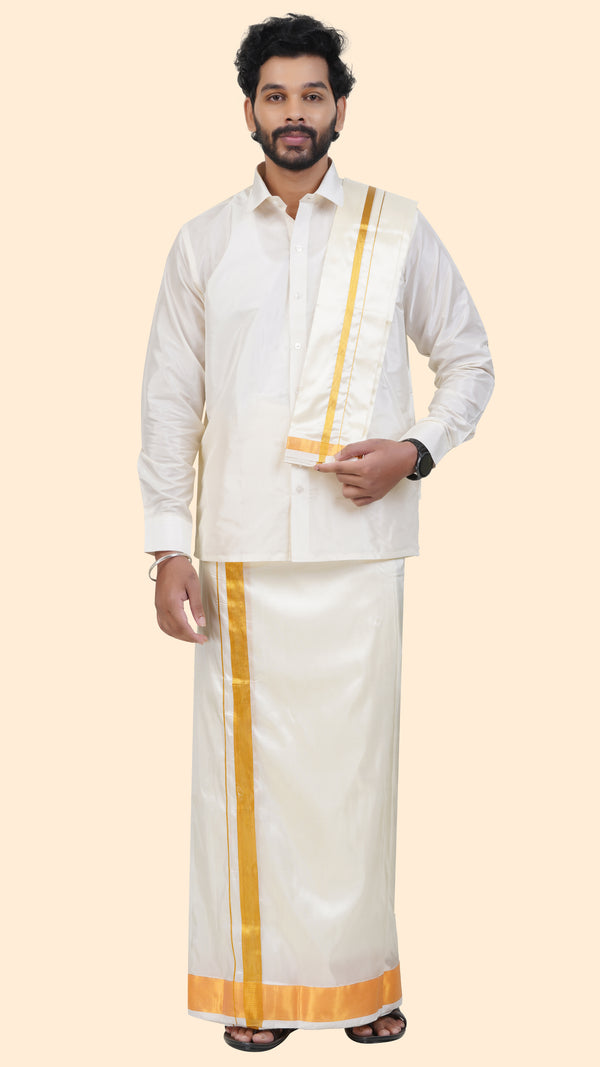 Art Silk Cream Dhoti with Angavastram | Double Layer | 2 1/2" Gold Jari Border