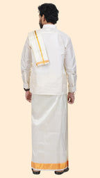 Art Silk Cream Dhoti with Angavastram | Double Layer | 2 1/2" Gold Jari Border