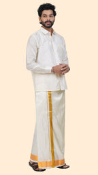 Art Silk Cream Dhoti | Double Layer | 2 1/2" Gold Jari Border