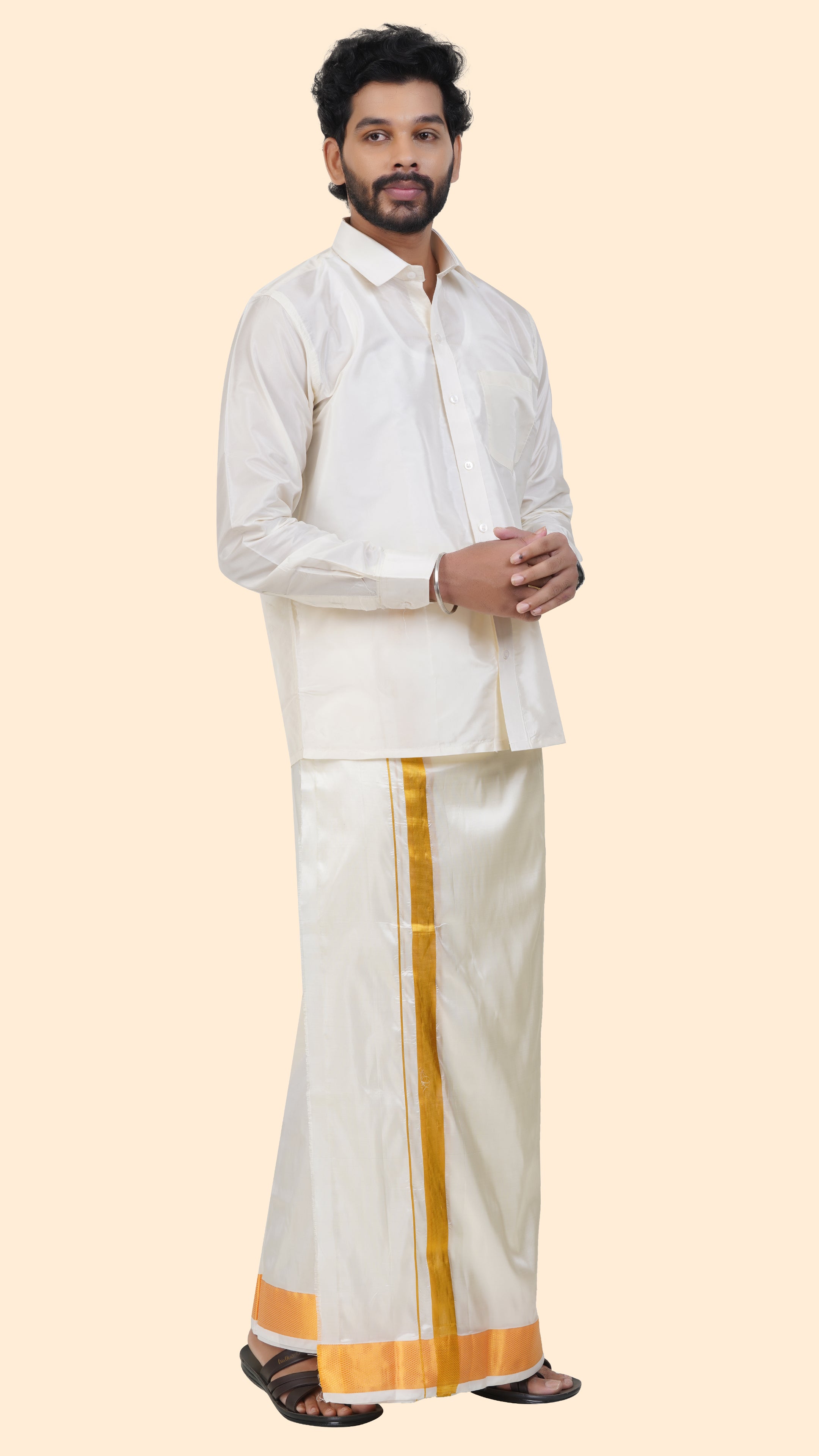 Art Silk Cream Dhoti | Double Layer | 2 1/2" Gold Jari Border