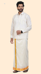 Art Silk Cream Dhoti | Double Layer | 2 1/2" Gold Jari Border