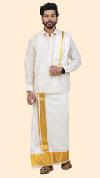 Pure Silk Cream Dhoti with Angavastram | Double Layer | 4 1/2" Gold Jari Border