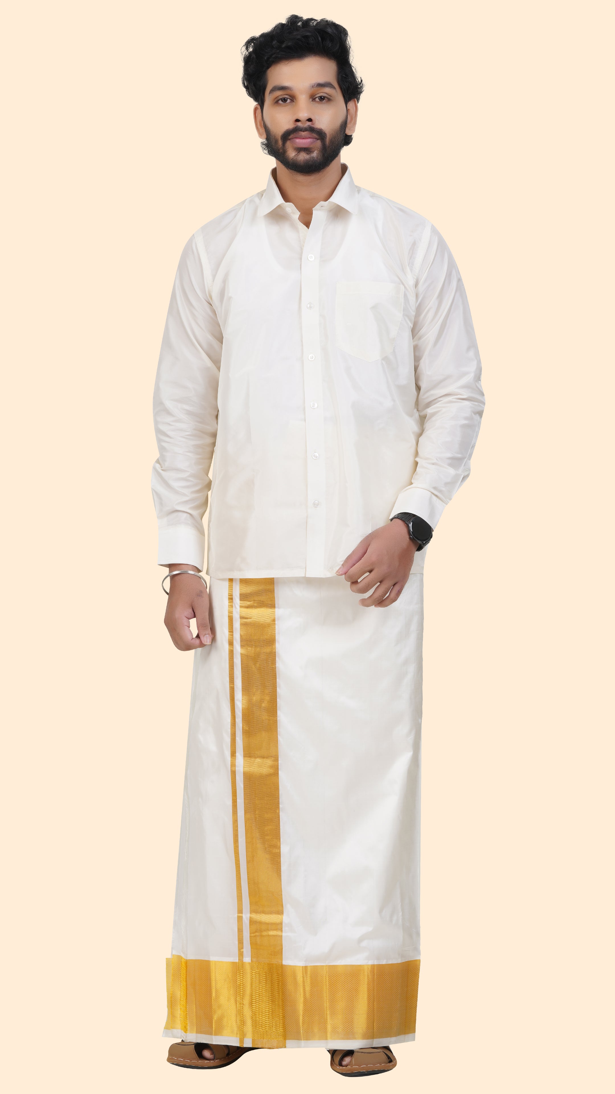 Pure Silk Cream Dhoti with Angavastram | Double Layer | 4 1/2" Gold Jari Border
