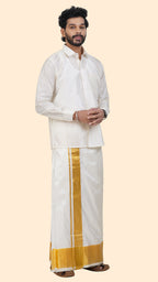Pure Silk Cream Dhoti with Angavastram | Double Layer | 4 1/2" Gold Jari Border