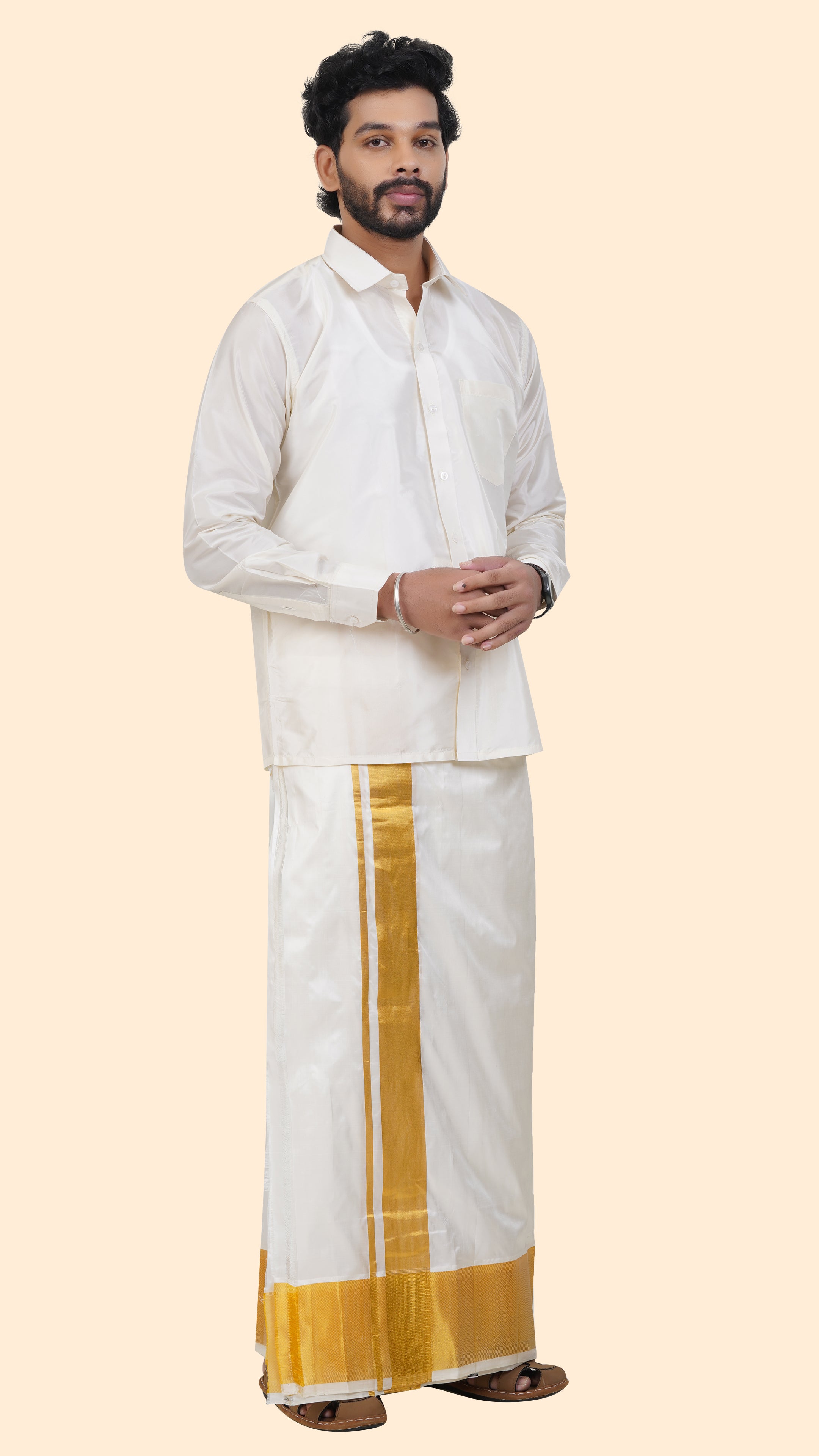 Pure Silk Cream Dhoti with Angavastram | Double Layer | 4 1/2" Gold Jari Border