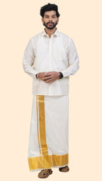 Pure Silk Cream Dhoti with Angavastram | Double Layer | 4 1/2" Gold Jari Border