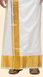 Pure Silk Cream Dhoti with Angavastram | Double Layer | 4 1/2" Gold Jari Border