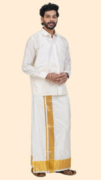 Pure Silk Cream Dhoti with Angavastram | Double Layer | 4" Gold Jari Border