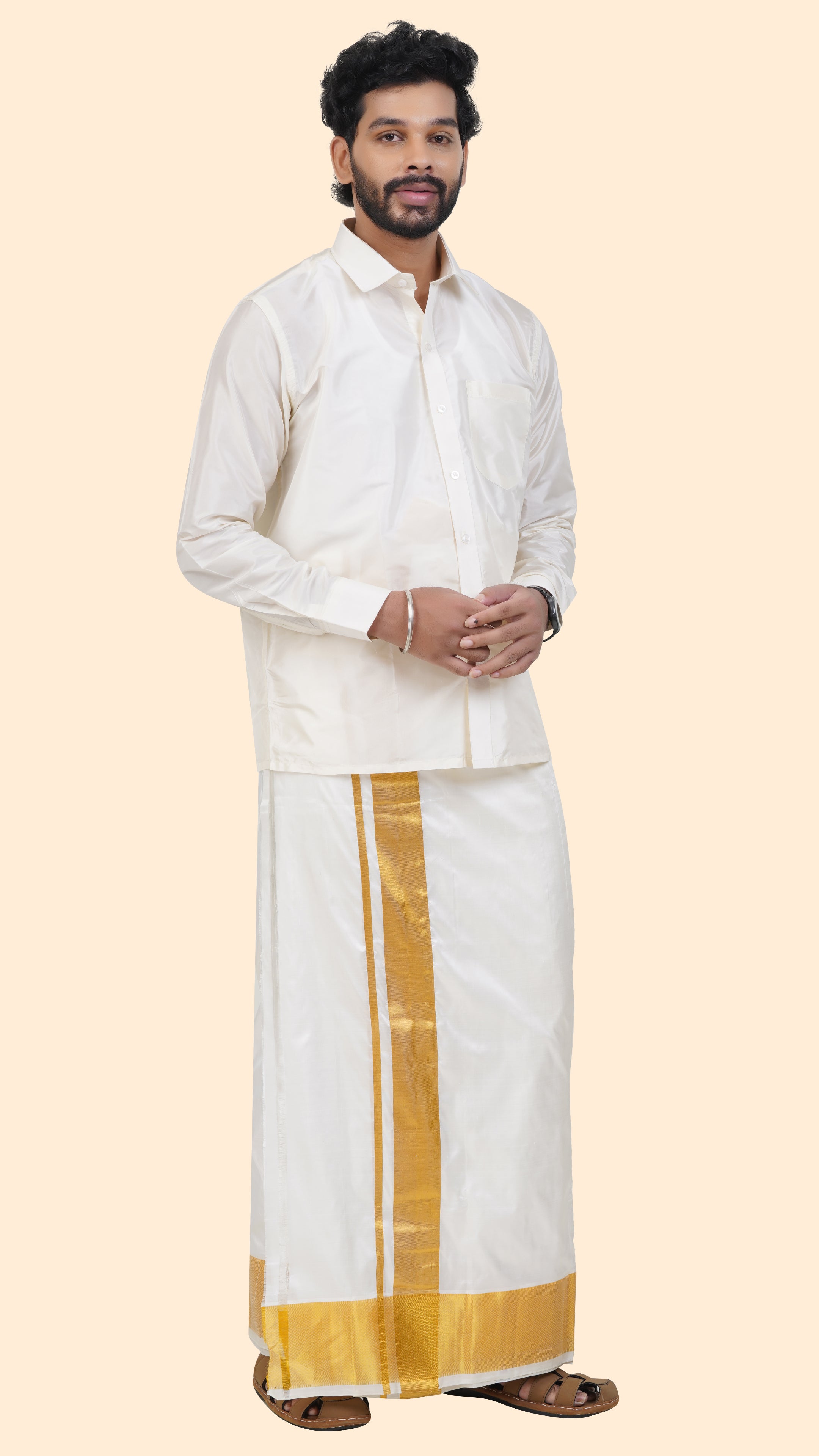 Pure Silk Cream Dhoti with Angavastram | Double Layer | 4" Gold Jari Border