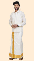 Pure Silk Cream Dhoti with Angavastram | Double Layer | 4" Gold Jari Border
