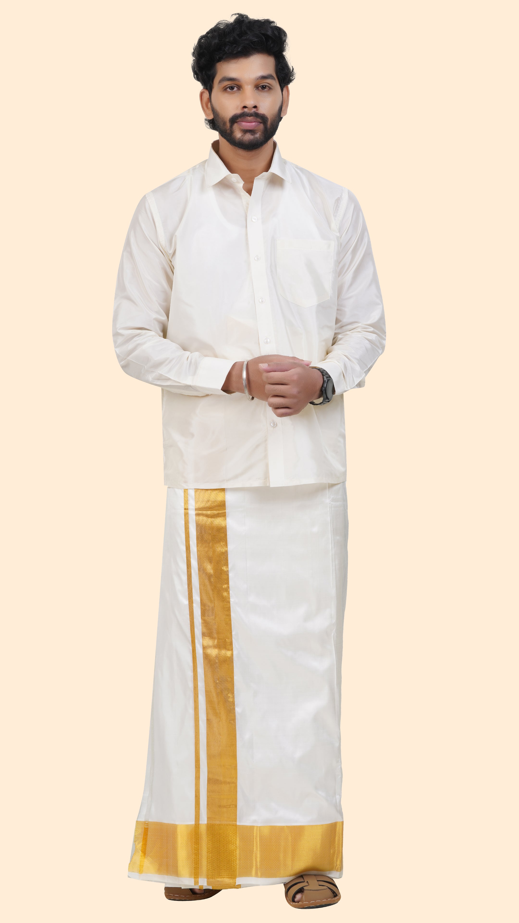 Pure Silk Cream Dhoti with Angavastram | Double Layer | 4" Gold Jari Border