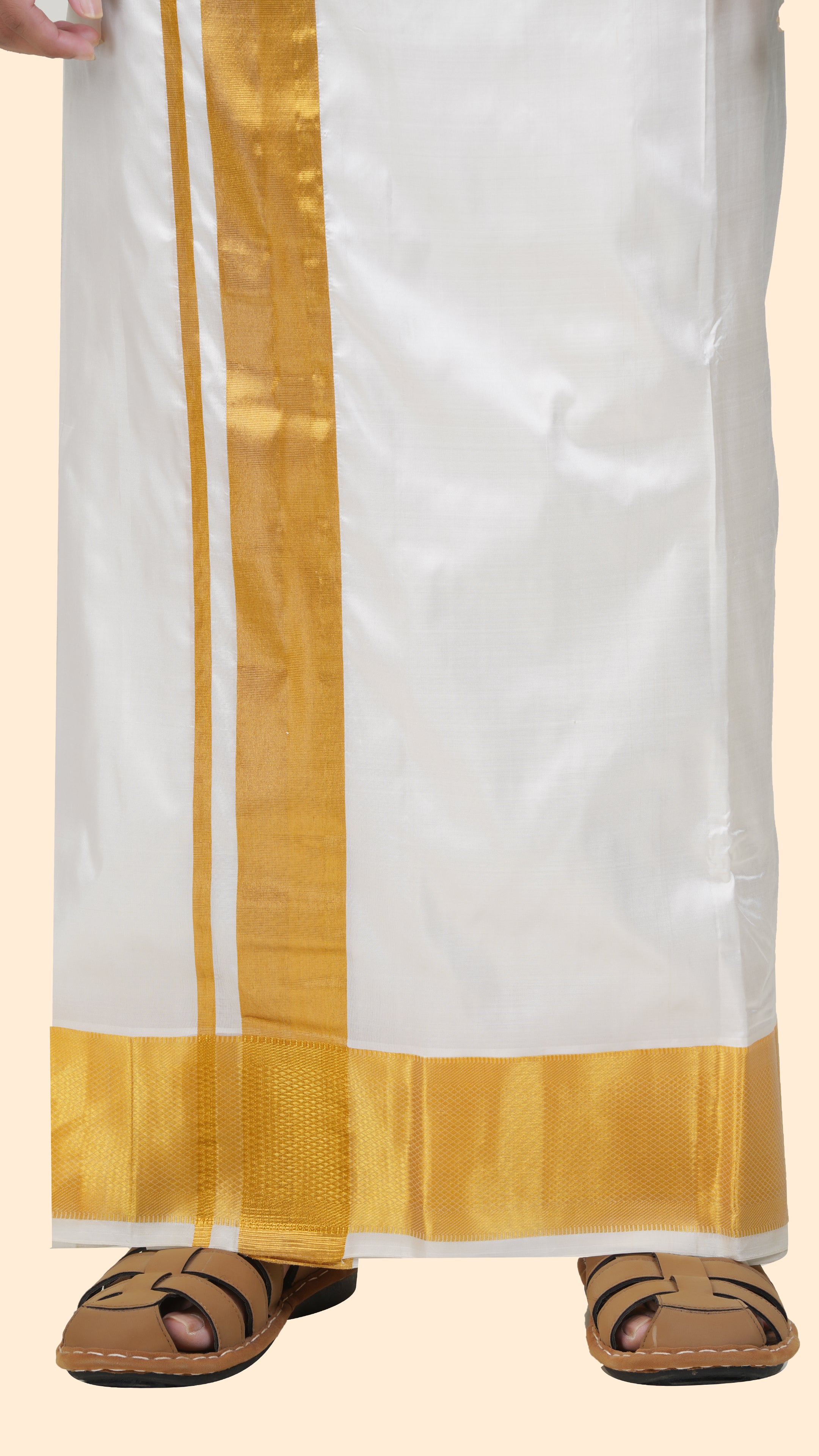 Pure Silk Cream Dhoti with Angavastram | Double Layer | 4" Gold Jari Border
