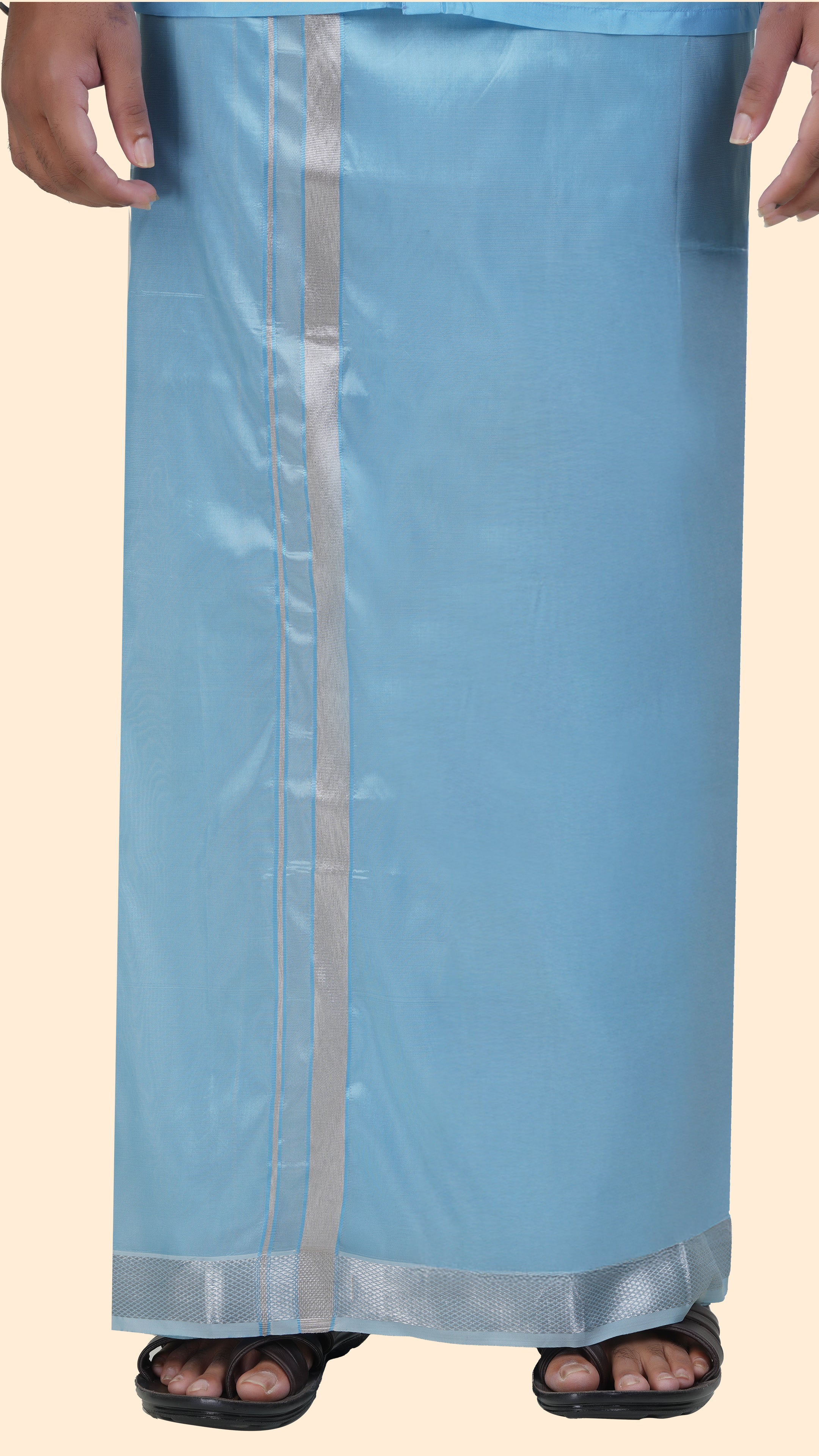 Art Silk Sky Blue Mappillai Set | 3-in-1 | Double Layer | 1 1/2" Silver Jari Border