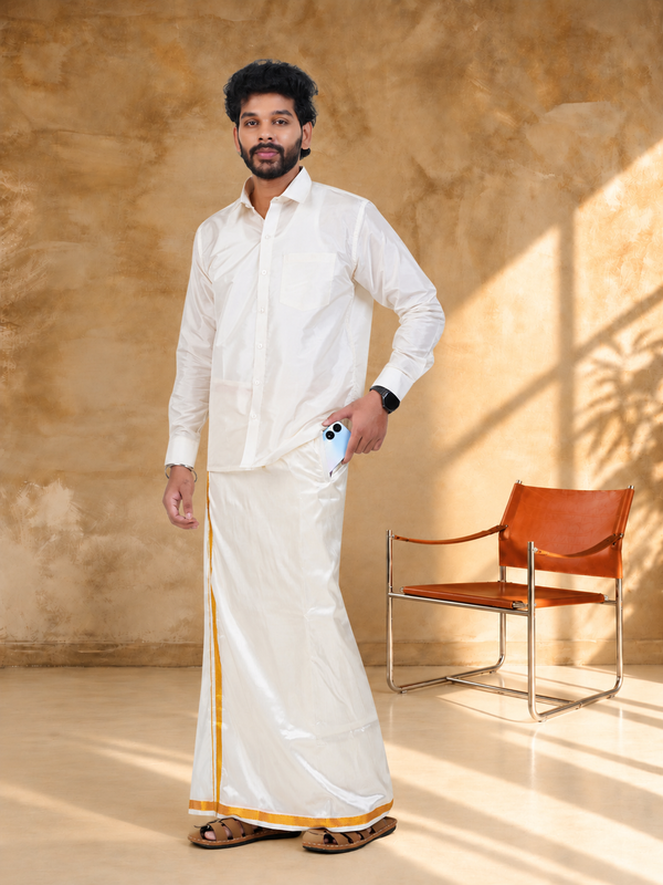Art Silk Cream Velcro Mappillai Set | 2-in-1 | Double Layer | 1" Gold Jari Border