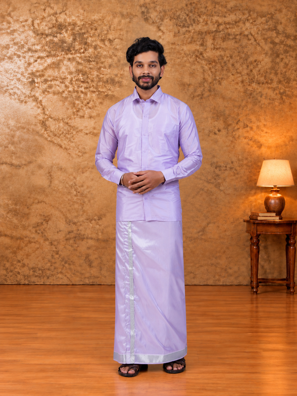 Art Silk Lavander Mappillai Set | 3-in-1 | Double Layer | 1 1/2" Silver Jari Border