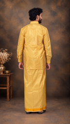 Art Silk Mustard Mappillai Set | 3-in-1 | Double Layer | 1 1/2" Gold Jari Border