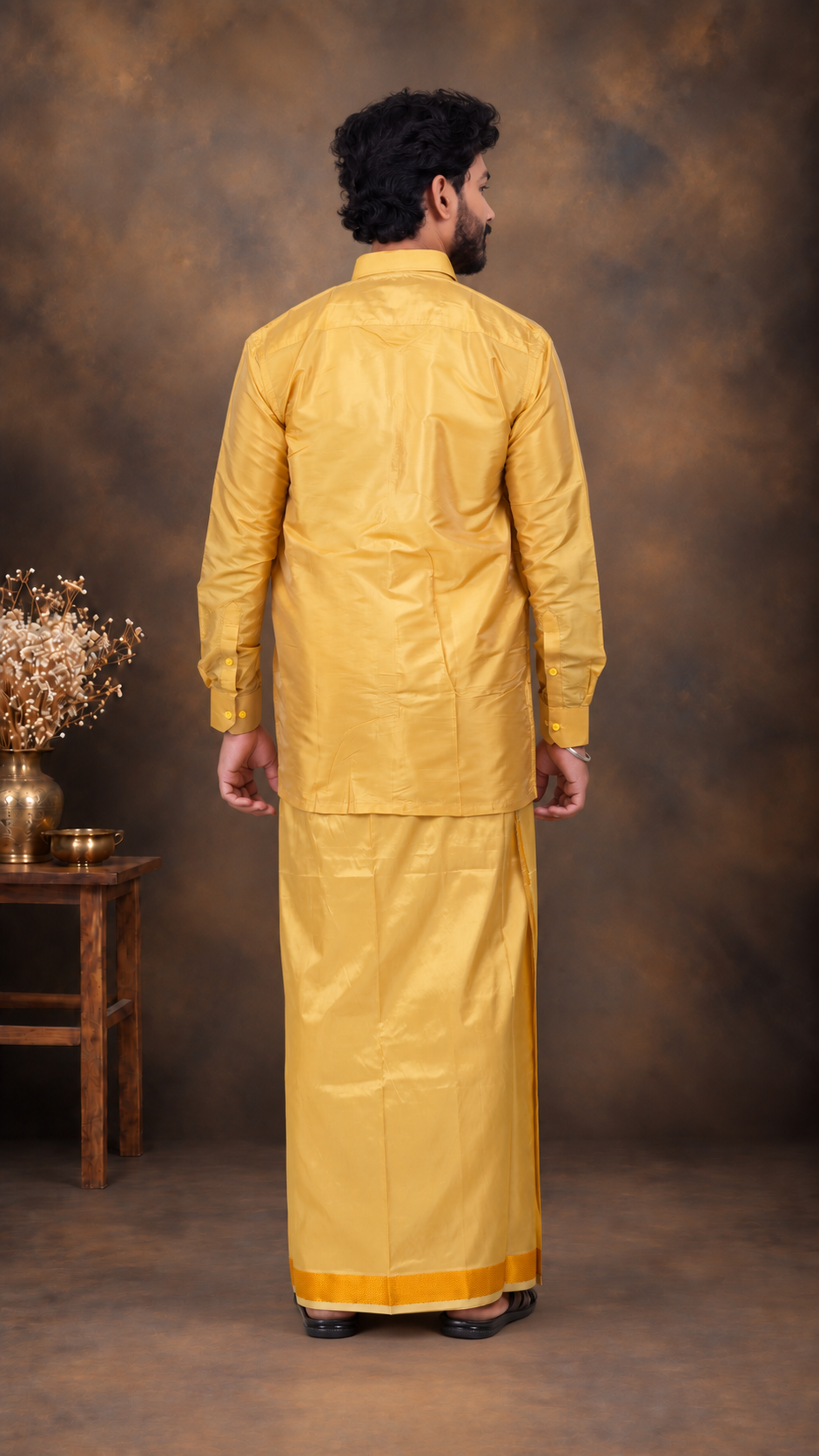 Art Silk Mustard Mappillai Set | 3-in-1 | Double Layer | 1 1/2" Gold Jari Border