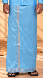 Art Silk Sky Blue Velcro Mappillai Set | 3-in-1 | Double Layer | 1 1/2" Silver Jari Border