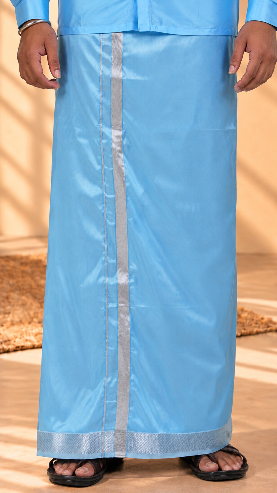 Art Silk Sky Blue Velcro Mappillai Set | 3-in-1 | Double Layer | 1 1/2" Silver Jari Border