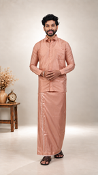 Art Silk Cooper Velcro Mappillai Set | 3-in-1 | Double Layer | 1 1/2" Copper Jari Border