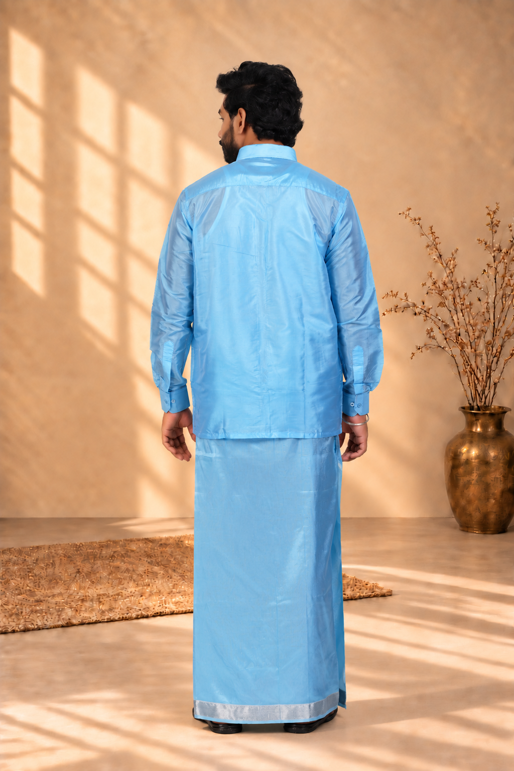 Art Silk Sky Blue Velcro Mappillai Set | 3-in-1 | Double Layer | 1 1/2" Silver Jari Border