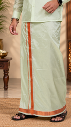 Art Silk Pista Green Velcro Mappillai Set | 3-in-1 | Double Layer | 1 1/2" Copper Jari Border