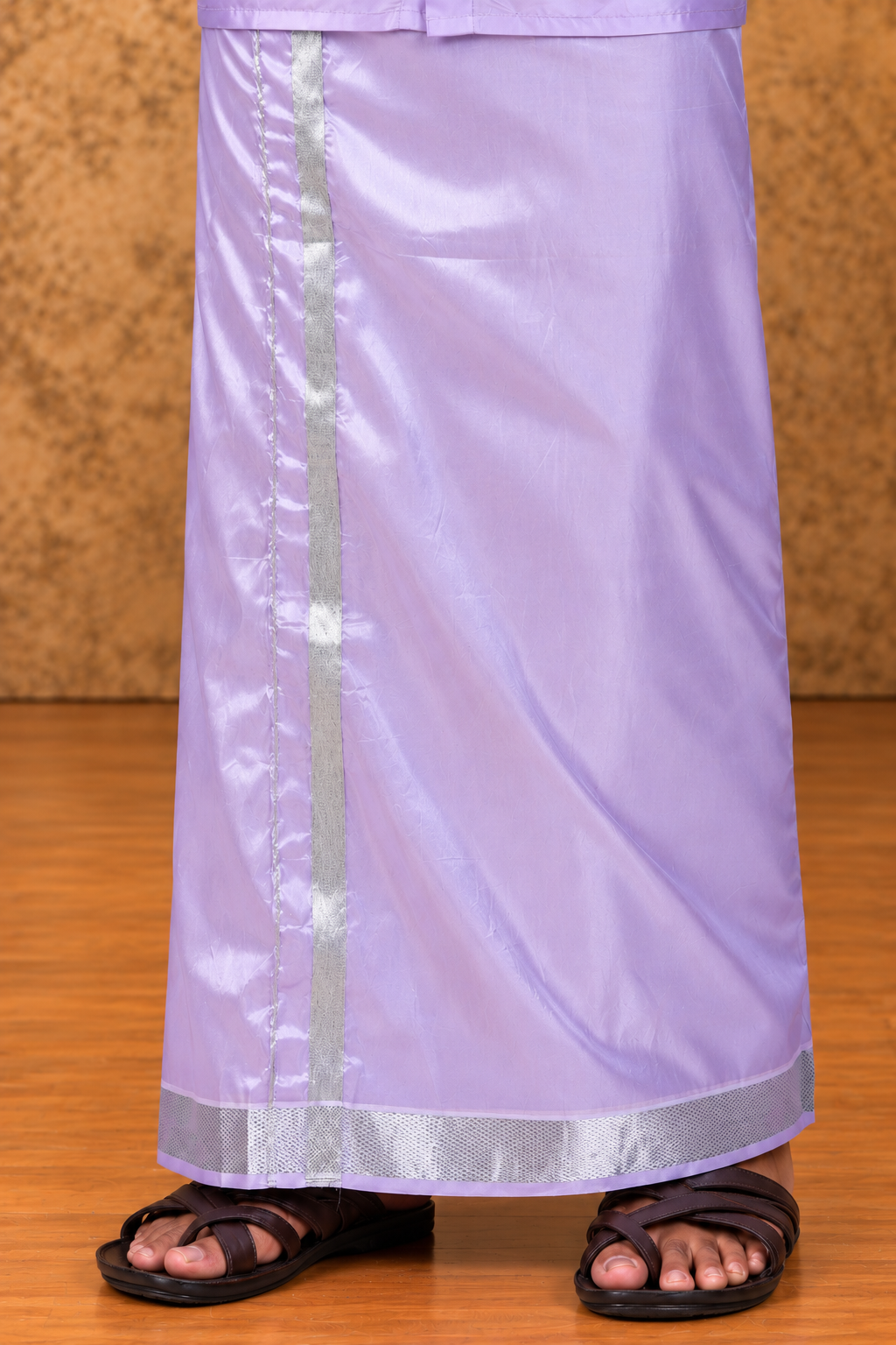 Art Silk Lavander Velcro Mappillai Set | 3-in-1 | Double Layer | 1 1/2" Silver Jari Border