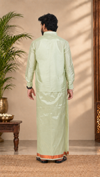 Art Silk Pista Green Velcro Mappillai Set | 3-in-1 | Double Layer | 1 1/2" Copper Jari Border