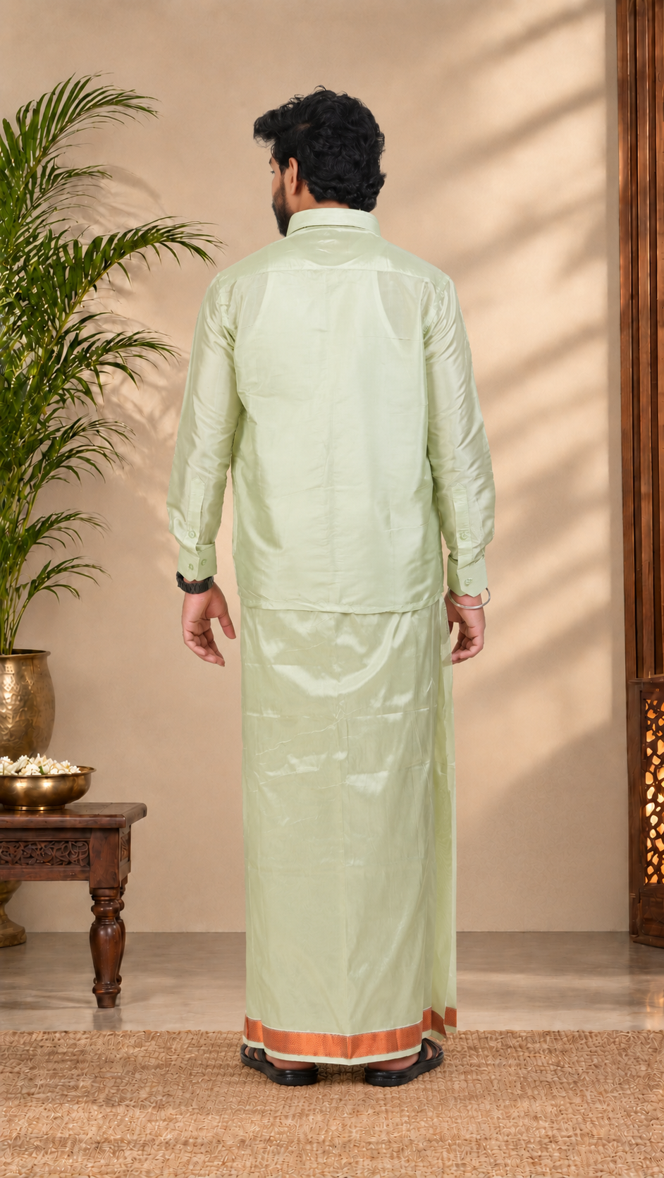 Art Silk Pista Green Velcro Mappillai Set | 3-in-1 | Double Layer | 1 1/2" Copper Jari Border