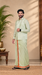 Art Silk Pista Green Velcro Mappillai Set | 3-in-1 | Double Layer | 1 1/2" Copper Jari Border