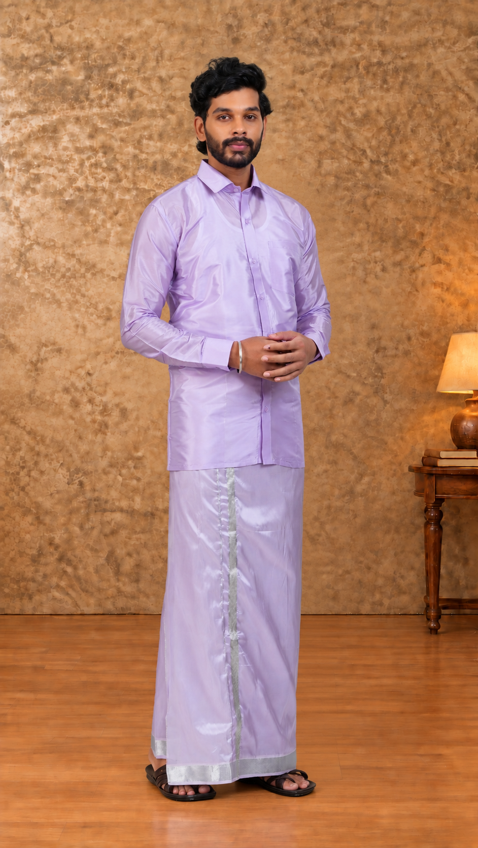 Art Silk Lavander Velcro Mappillai Set | 3-in-1 | Double Layer | 1 1/2" Silver Jari Border
