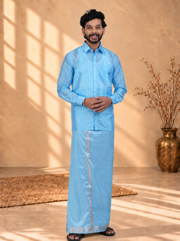 Art Silk Sky Blue Velcro Mappillai Set | 3-in-1 | Double Layer | 1 1/2" Silver Jari Border